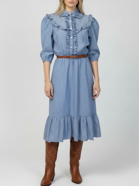 Vintage Dresses & Skirts - Vintage 1970 Chambray Prairie Dress Union Made In Canada